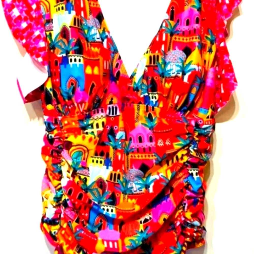 NWT SPORLIKE Women’s 2XL One Piece Bold Retro Style Swimsuit Deep V Neck Ruffle